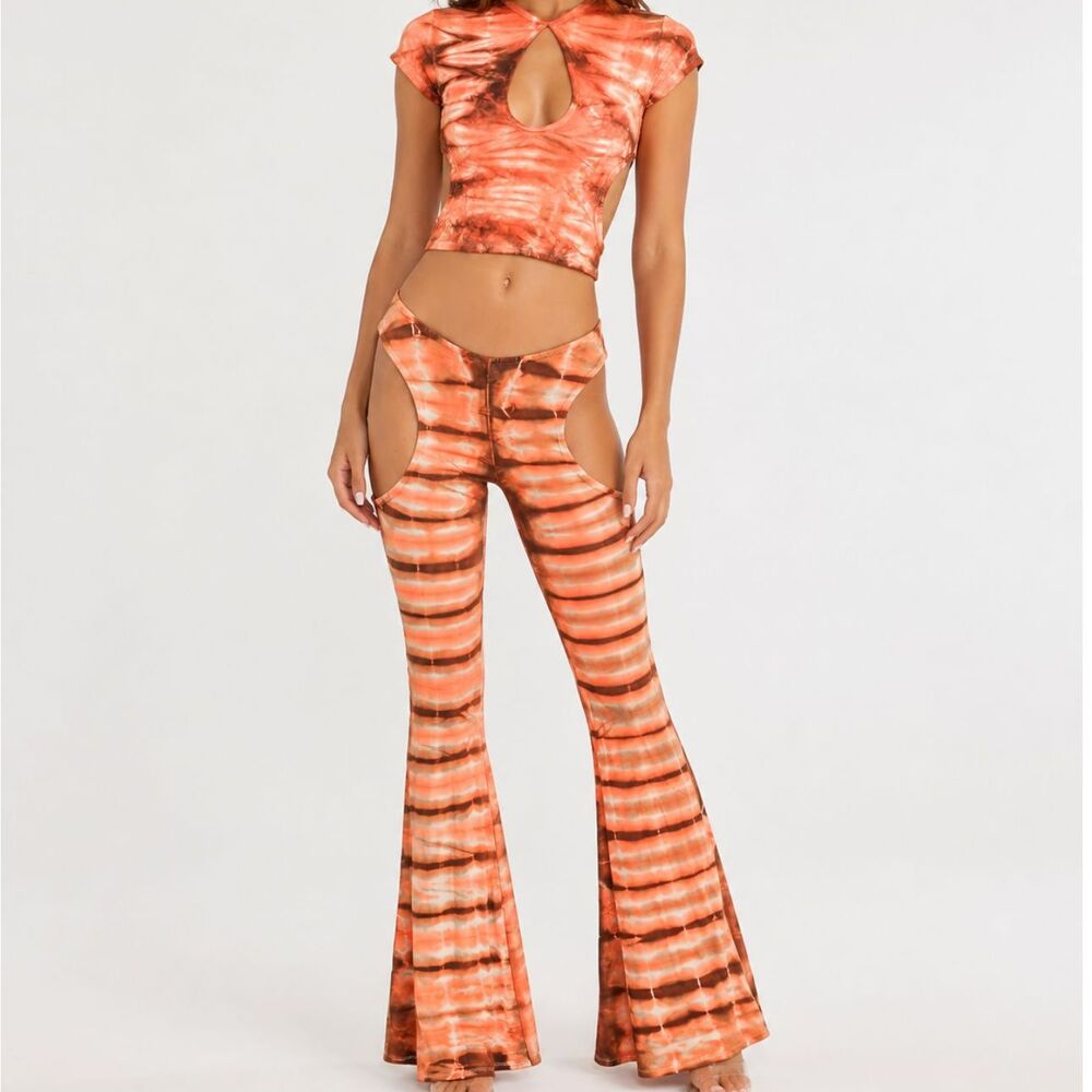 Orange Brown Tie Dye Cutout Flare Pants Size Small